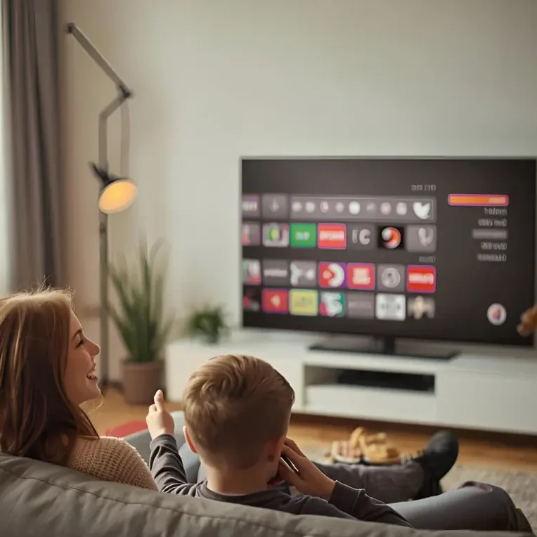 Familje e lumtur po shikon KaanTV IPTV.