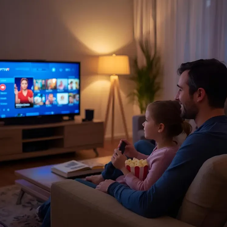 KaanTV yayınlarını izleyen gülümseyen aile.